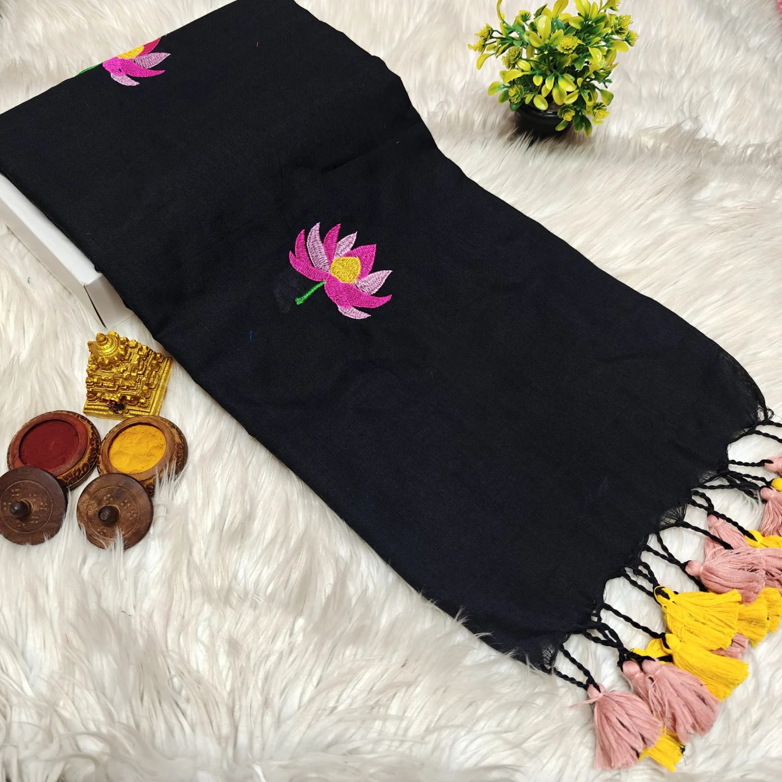Light Apricot with Pink, Lilac and Gold Lotus Embroidery Khadi Cotton Saree